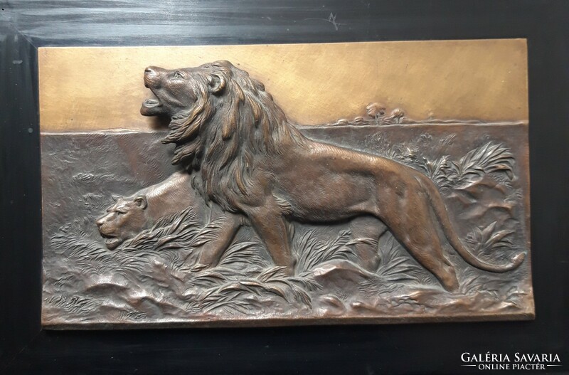 Lions in the Savannah - bronze relief wall decoration