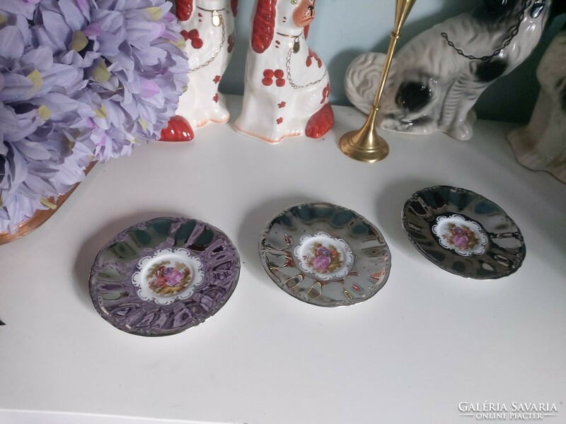 German, Bavarian very shiny, chrome silver colored, spectacular porcelain coasters, 3 pcs