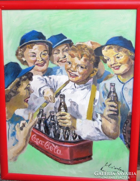 Argentinian contemporary painting, 1997, after a retro Coca-Cola advertisement, with certificate, marked.