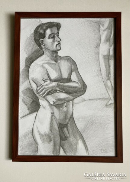 Male nude study drawing - 23x31.5 cm with frame