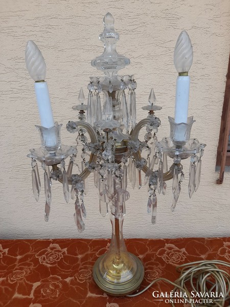 Régi Réz 3 Ágú Kristály Üveg Függős Asztali Lámpa.72 cm.