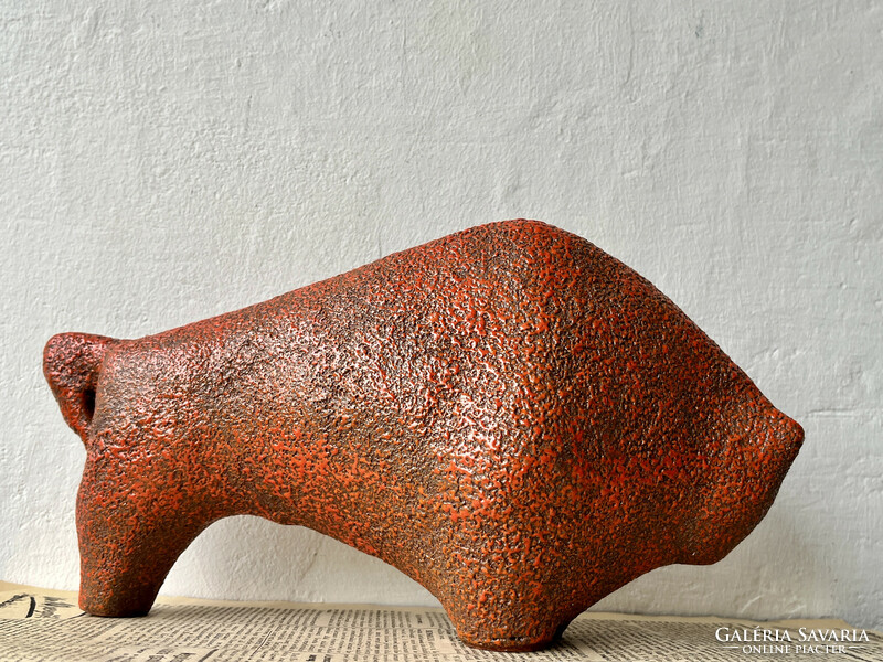 Retro ceramic orange bull from Pesthidegkút designed in 1966 by Jenő hanzely. A rare figure