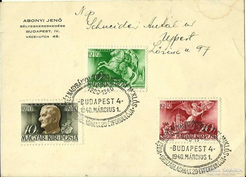 Occasional stamp = 20th year of the reign of Miklós Horthy of Nagybánya. (March 1, 1940, Bp. 4)