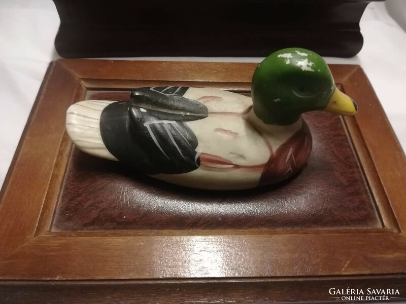 Wooden box with artificial leather insert, wooden duck on top