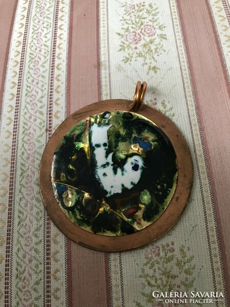 Huge pendant, fire enamel image of a fairy-tale bird on a tree branch on a copper sheet
