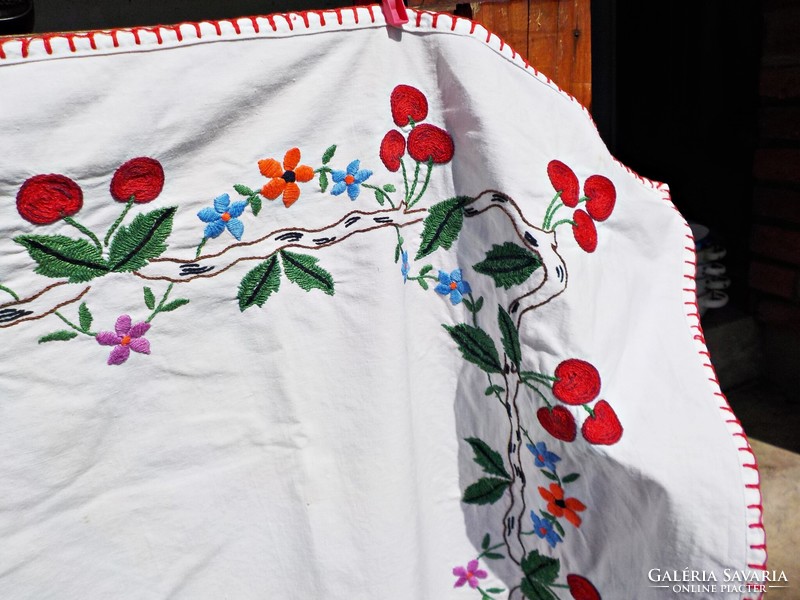 Large hand-embroidered cherry tablecloth 135 x 91 cm.