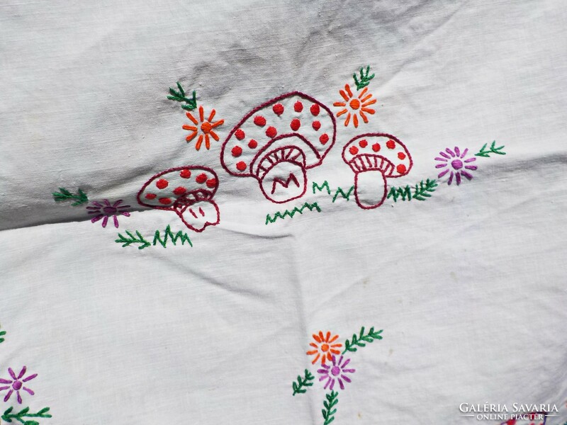 Old hand-embroidered mushroom kitchen wall protector 75 x 54 cm.