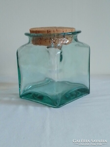 Old large thick-walled water green square molded glass kitchen storage holder with cork lid 15 cm