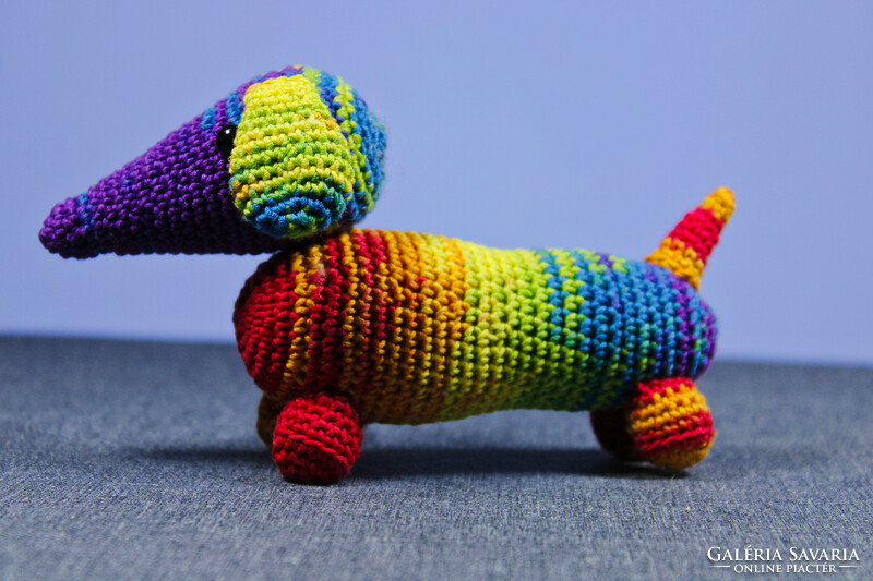 Colorful dachshund, crochet figure