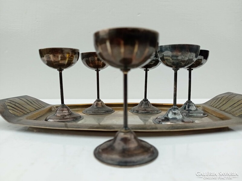 Silver-plated art deco short drink, cognac, liqueur glass set on a tray