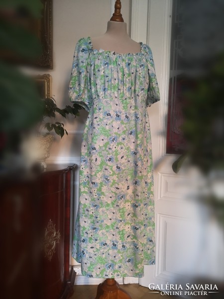 Primark 46 blue-green-white floral viscose dress with puff sleeves