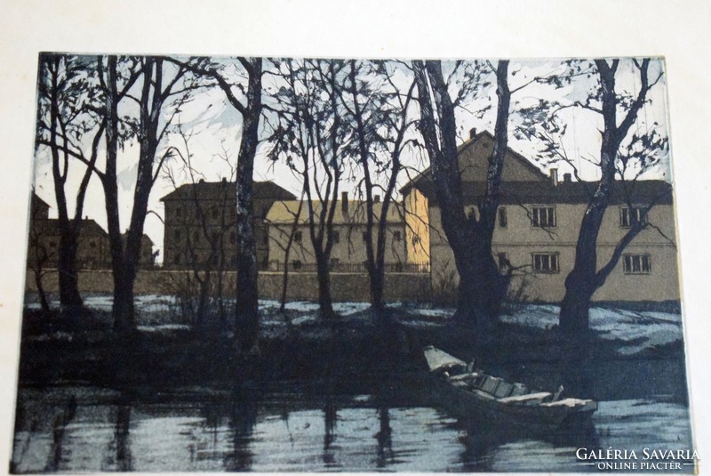 Lajos Novák, stream bank, colored etching