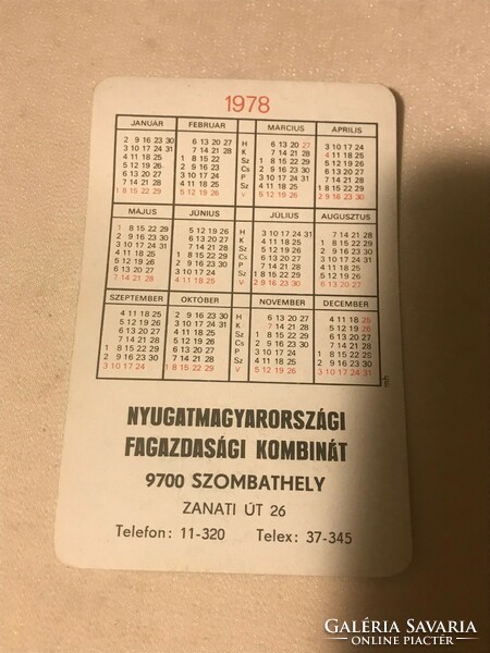 Kártyanaptár.1978.Nyugatmagyarországi Fagazdasági Kombinát 9700 Szombathely Zanati út 26.