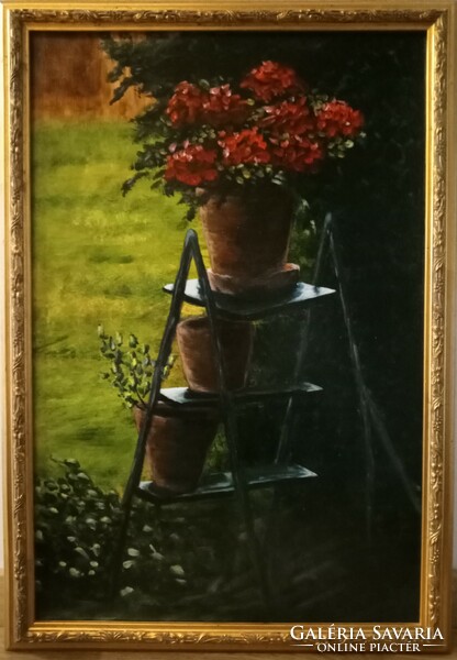 Zoltán Zsitva still life with red geraniums 2019 acrylic