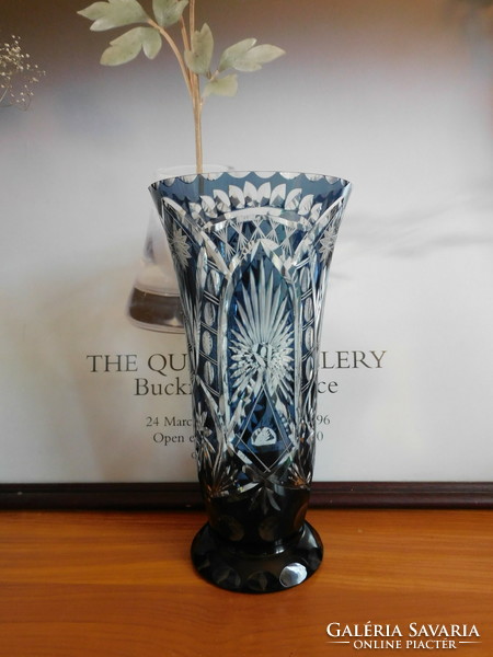 Rare petrol blue pickled peeled crystal vase 23 cm