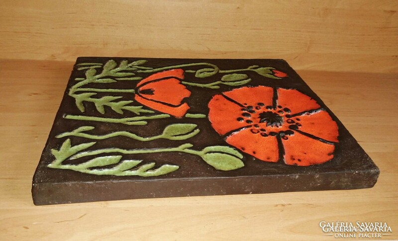 Retro industrial artist poppy ceramic wall picture with fired glaze - 35 cm high (af)