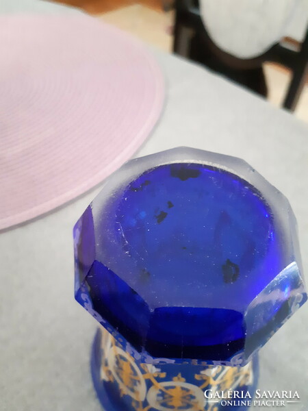 Kék, festett biedermeier üvegváza