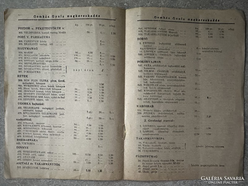 Price list of Gyula Gombás seed producer and seed dealer, 1945