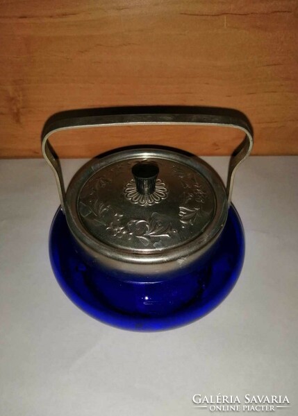 Retro blue glass bonbonier with metal lid (5/d)