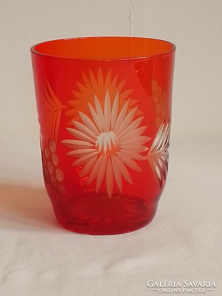 Antique old überfang polished incised flower vine pattern colored orange red glass cup
