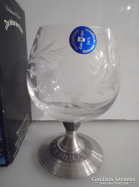 Glass - new - pewter base - marked - crystal - engraved - 13 x 8 cm - 2 dl - German - flawless