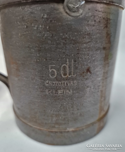 Old authentic 5 dl and 5 cl metal measuring cup with Klein and Petri Gyula inscriptions for sale