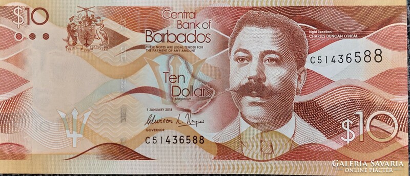 Barbados $10, 2018, unc banknote