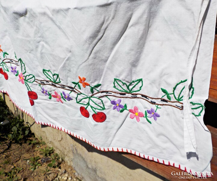 Hand-embroidered floral cherry apron