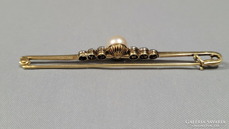 14 K gold brooch, shawl pin with brille and pearl 4.12 g