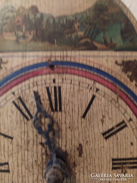 Kétsúlyos paraszt óra, festett fa számlappal, 1900 körül,
