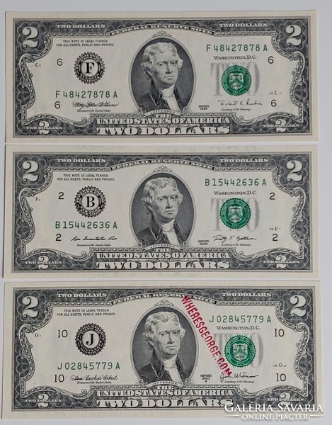 3 different United States of America (USA) 2 dollar, unc banknotes