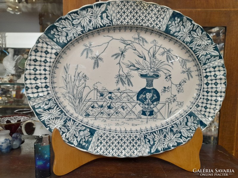 Old English 1877, flower pattern hand-painted porcelain steak bowl, plate, serving tray. Register mark 1877.