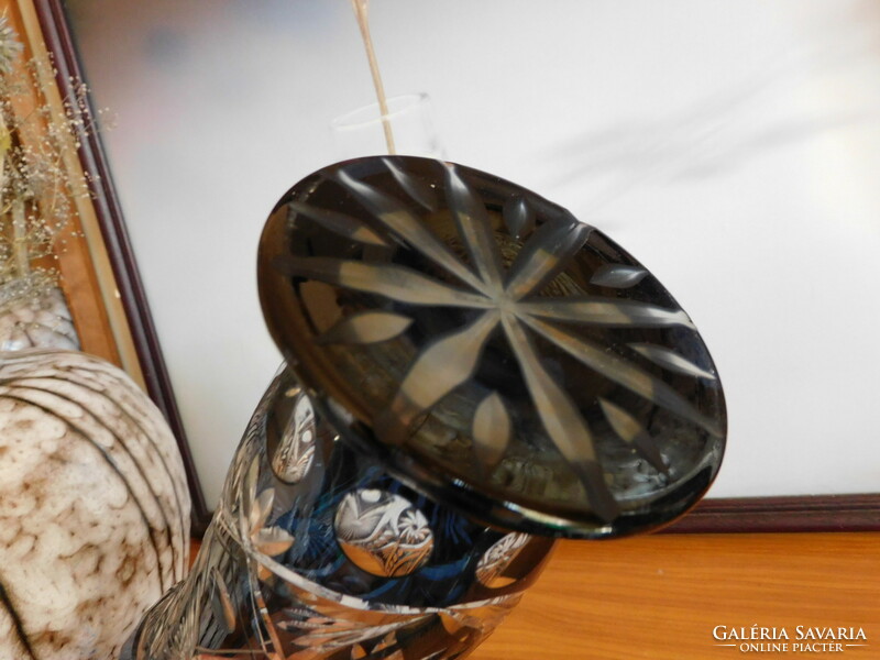Ritka petrolkék pácolt hántolt kristály váza 23 cm