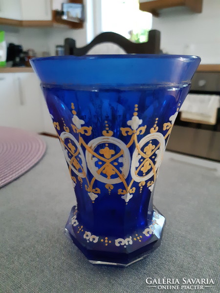 Blue, painted Biedermeier glass vase