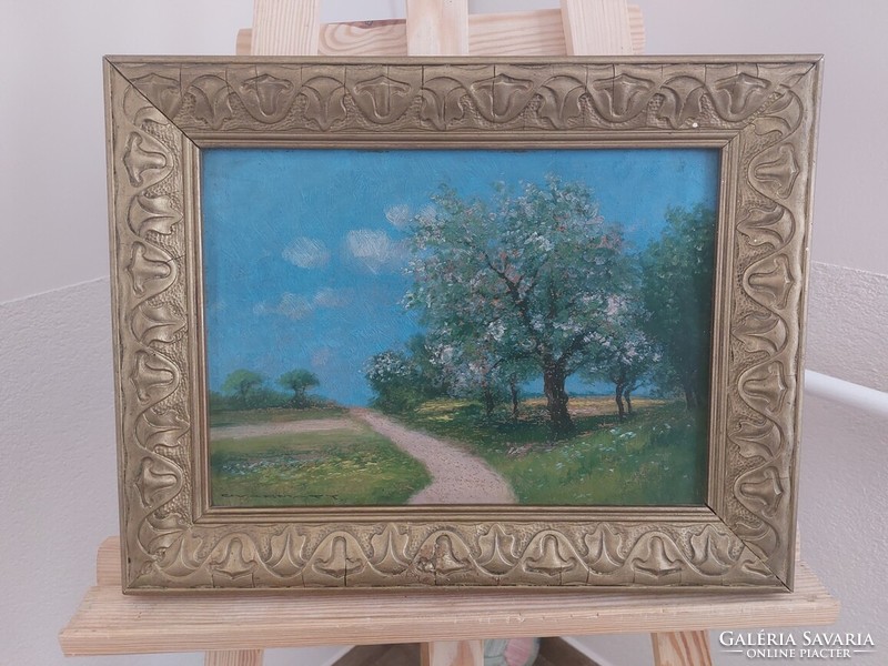 (K) old landscape painting with colonial sign with 44x35 cm frame
