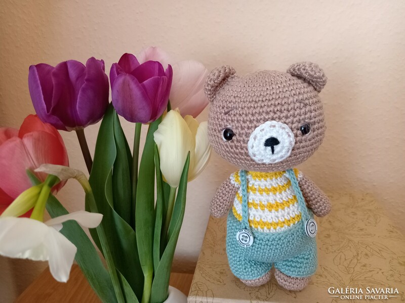 Hand crocheted teddy bear in bridle pants