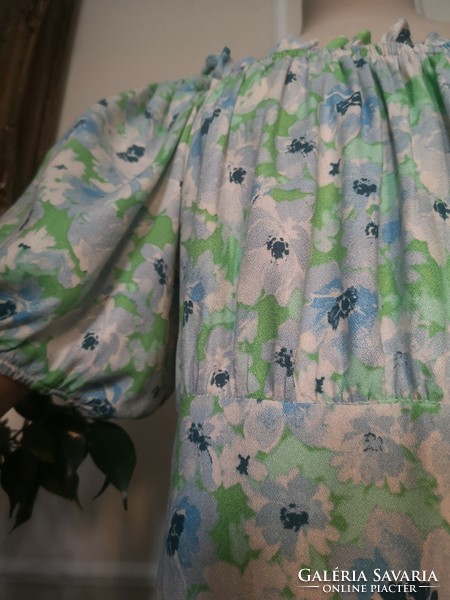 Primark 46-os  kék-zöld-fehér virágos viscose ruha puffos ujjal