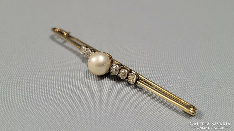 14 K gold brooch, shawl pin with brille and pearl 4.12 g