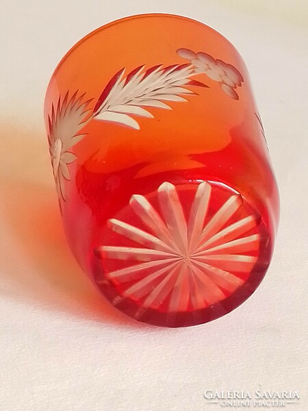 Antique old überfang polished incised flower vine pattern colored orange red glass cup