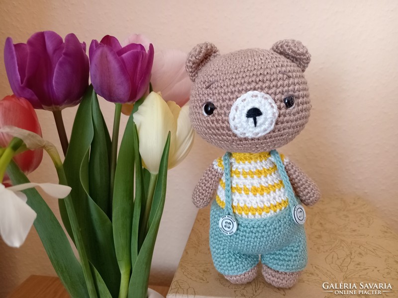 Hand crocheted teddy bear in bridle pants