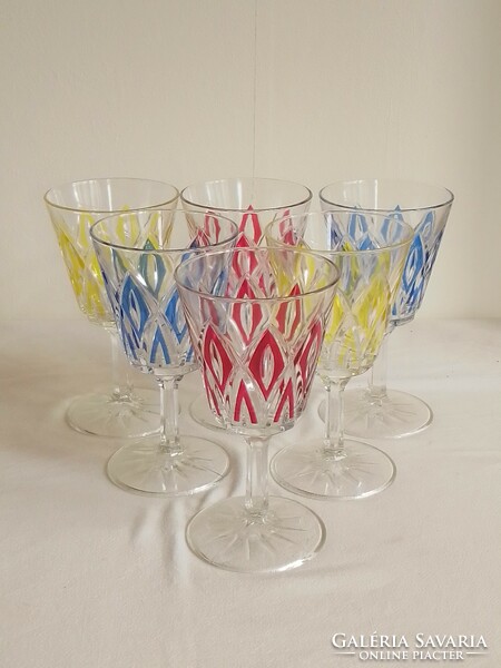 Hat darab kék sárga piros színes régi francia vintage Reims boros kristály üveg pohár kehely készlet