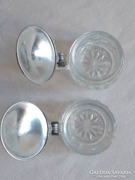 Two small mini metal lid German cast glass beer schnapps krigli mugs marked bmf 70s