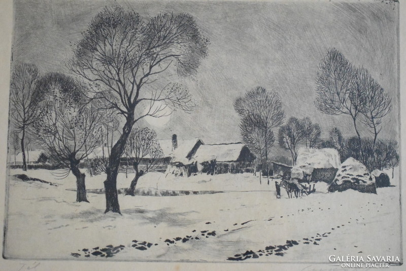 Csergezan pál, winter, farmstead etching