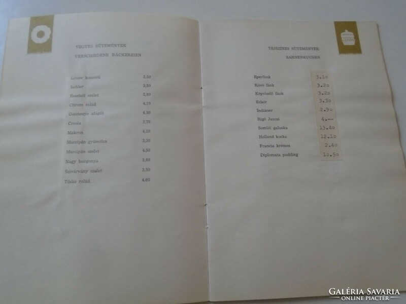 D202212 hotel freedom Budapest - price list - drinks, cakes - cold dishes 1960's
