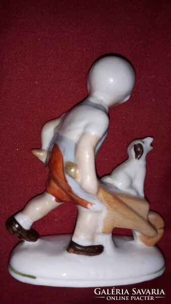 Antique German sitzendorf porcelain figurine of a boy with a wheelbarrow and a dog 10 cm according to the pictures