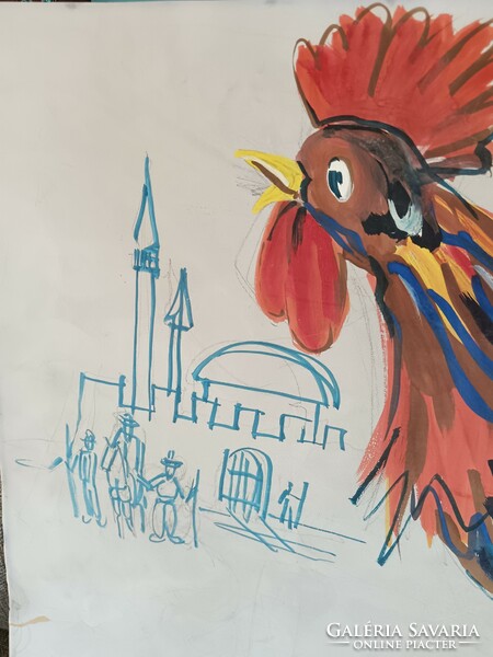 Unique graphic rooster watercolor
