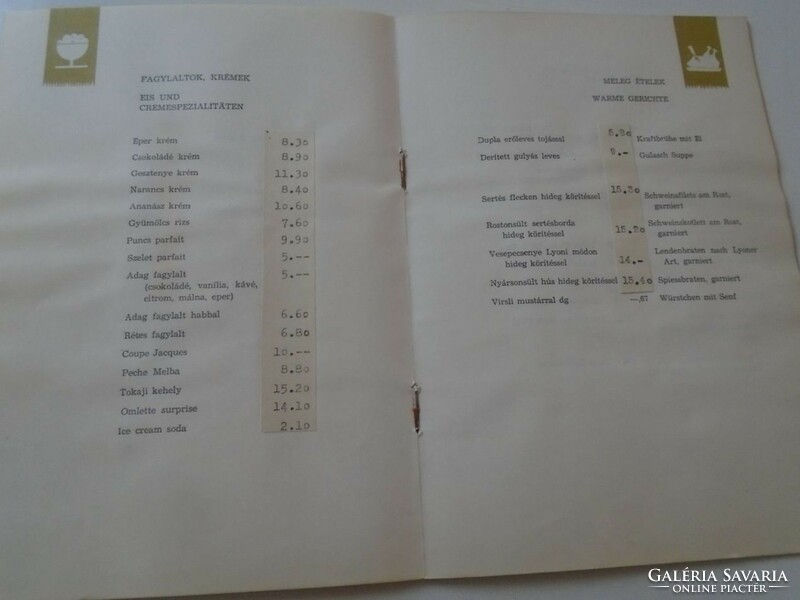 D202212 hotel freedom Budapest - price list - drinks, cakes - cold dishes 1960's