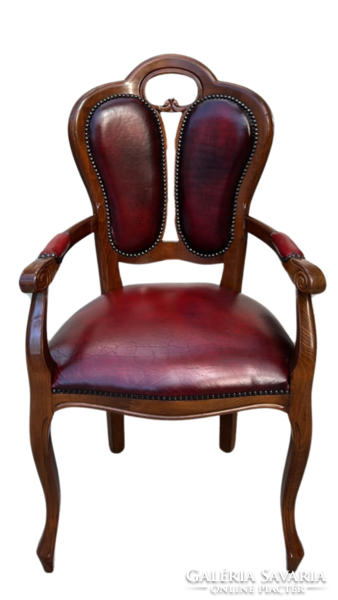 6 Italian-style armchairs made of solid wood with burgundy leather upholstery