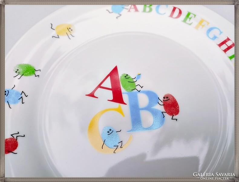 Színes ABC mintás, német porcelán gyerek lapos és mély tányér