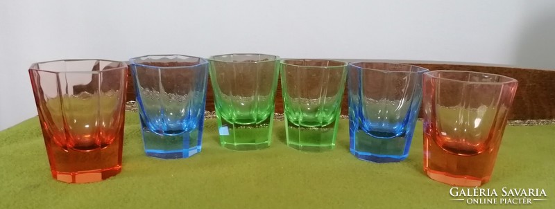 Art deco stílusú üveg, vastag falú, színes pohár 6 személyes garnitúra